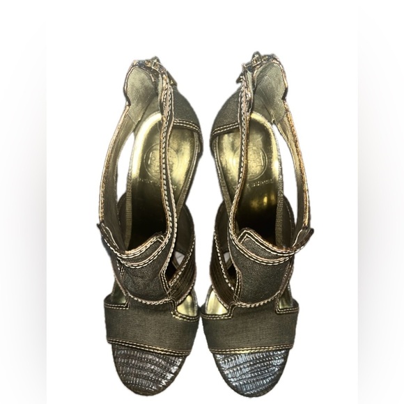 Tory Burch Geoff Olive Green & Gold Caged Heel Sandals 9.5M, Used - Picture 3 of 15